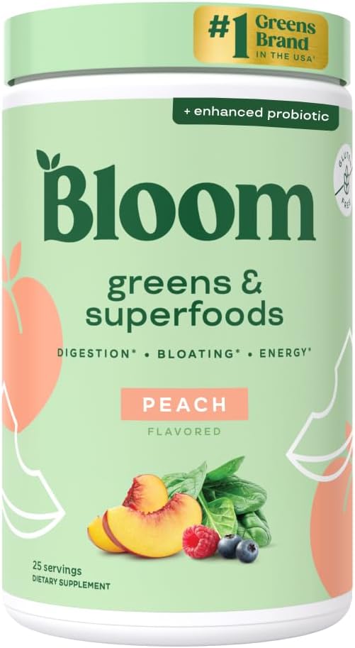 Bloom Nutrition Superfood Greens Powder, Digestive Enzymes with Probiotics and Prebiotics, Gut Health, Bloating Relief for Women, Chlorella, Green Juice Mix with Beet Root Powder, 25 SVG, Peach
