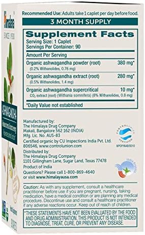 Himalaya Organic Ashwagandha, 90 Day Supply, Herbal Supplement for Stress Relief, Energy Support, Occasional Sleeplessness, USDA Certified Organic, Non-GMO, Vegan, Gluten Free, 670 mg, 90 Caplets