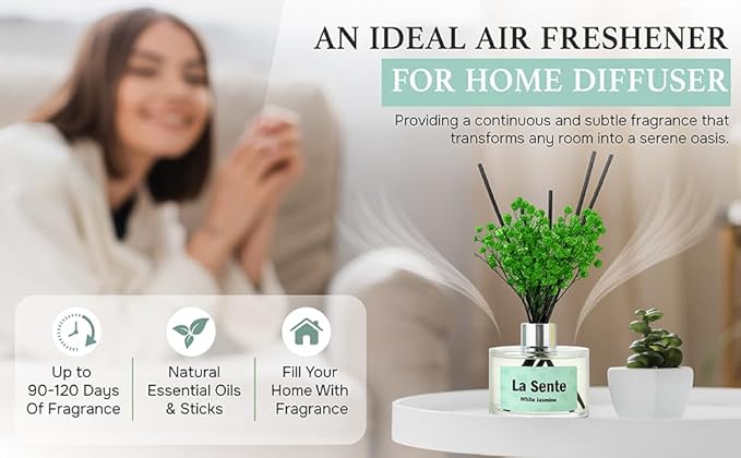 Reed Diffuser Set, Glass Bottle with Black Rattan Sticks, Dried Green Flowers, 6.7fl oz, 200ml (White Jasmine)