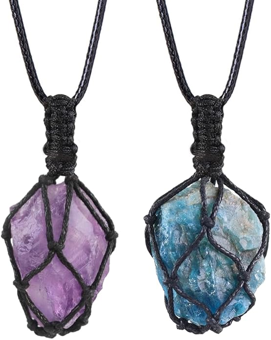 Handmade Natural Gemstone Crystal Pendant Necklace Stone Holder Necklace Cord Net Necklace with Adjustable Length for Women Men