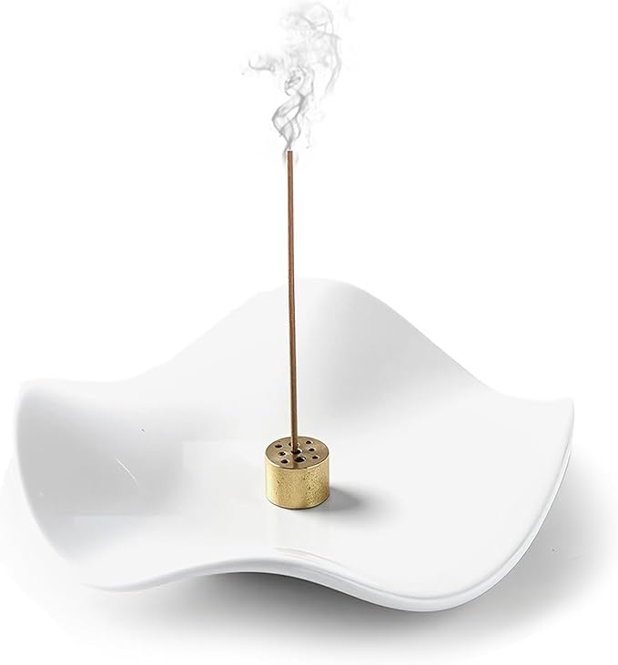 6.7 "Ceramic Incense Burner for Incense/Coil,Wavy Base with Brass -Incense Holder for Sticks,with Ash Catching Bowl for Meditation Yoga and Home Decoration (White)