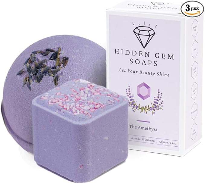 February Birthstone Amethyst 3 Piece Gift Set All Natural Bar Soap, Bath Bomb, Shower Steamer Made in USA Palm Oil Free