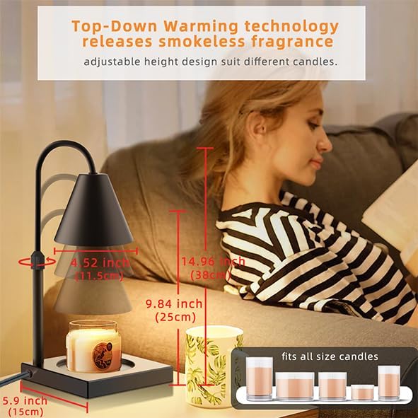 Candle Warmer Lamp, Stepless Dimming Candle Warmer Lamp with Timer & Dimmer Height Adjustable Compatible with Jars Scented Wax for Home Decor (Metal Base-Black)