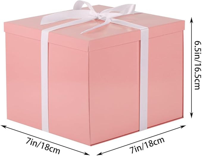 Gift Box with Lid 7x7x6.5 Inches, Pink Gift Boxes for presents Packaging for Birthdays, Valentine's Day, Christmas, Anniversaries (Include Shredded Paper Fill, Envelope Card Ribbon)