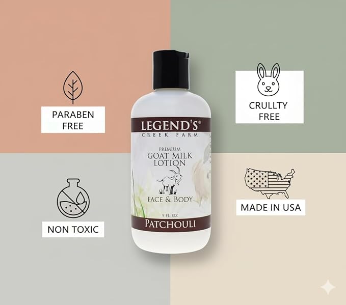 Legend's Creek Farm Goat Milk Lotion - Deeply Moisturizing Goat Milk Body Lotion for Body, Hand & Face - 9 oz Body Moisturizer with Shea Butter, Sunflower Oil, Aloe, Handmade in USA (Patchouli L.)