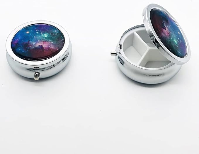 Generoc Galaxy Space Universe Pill Box Purse Pocket Small Round Silver Pill Case Decorative Box Metal Medicine Vitamin Pill Organizer Portable Unique Gift