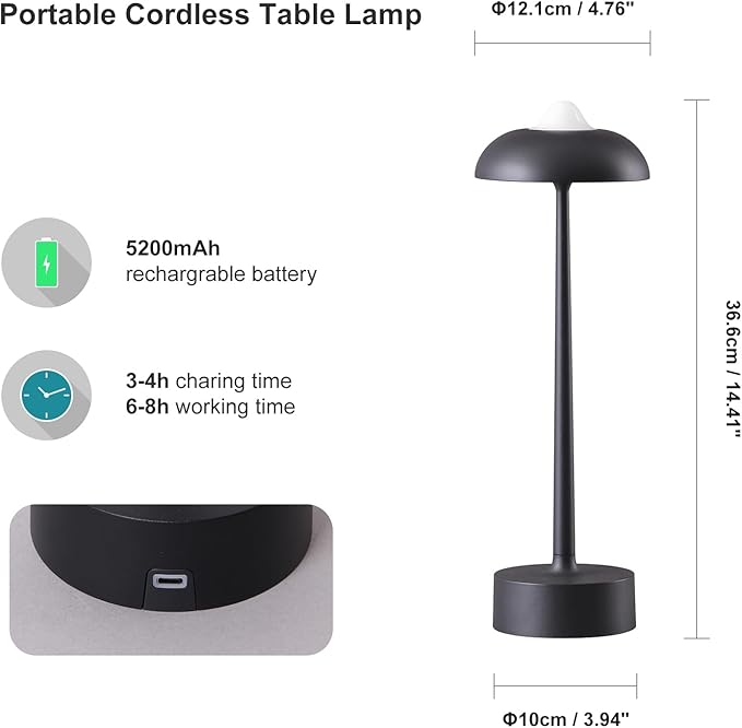 DAWALIGHT Rechargeable LED Desk Lamp - Battery Powered (USB Charging), IP54 3-Color & Brightness Stepless Dimming, 10H Runtime - Portable Aluminum Night Light for Camping, Bedroom, Patio (Black)