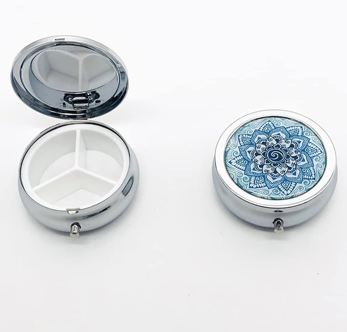 Blue Marble Pill Box Purse Pocket Small Round Silver Pill Case Decorative Box Metal Medicine Vitamin Pill Organizer Portable Unique Gift