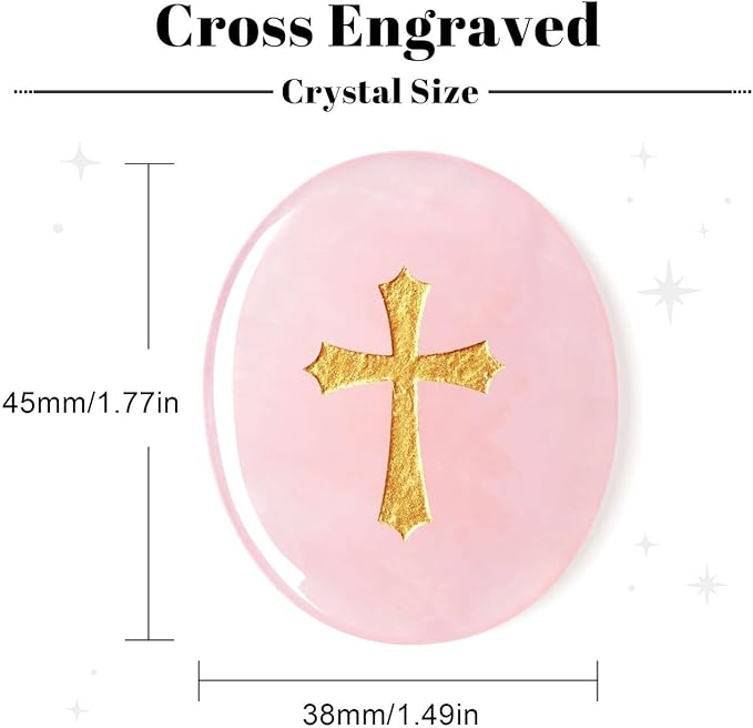 LAIDANLA Rose Quartz Cross Engraved Healing Crystal Worry Stones for Pray Faith Anxiety Relief Oval Palm Stone Polished Natural Crystal Gifts