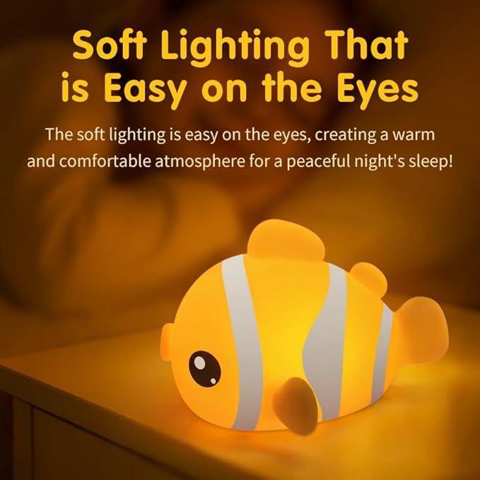 Clownfish Silicone Night Light for Kids – 3-Level Dimmable Tap Lamp with Timer, Soft BPA-Free Nursery Nightlight for Baby & Toddler, USB-C Rechargeable, Bedside Breastfeeding Light