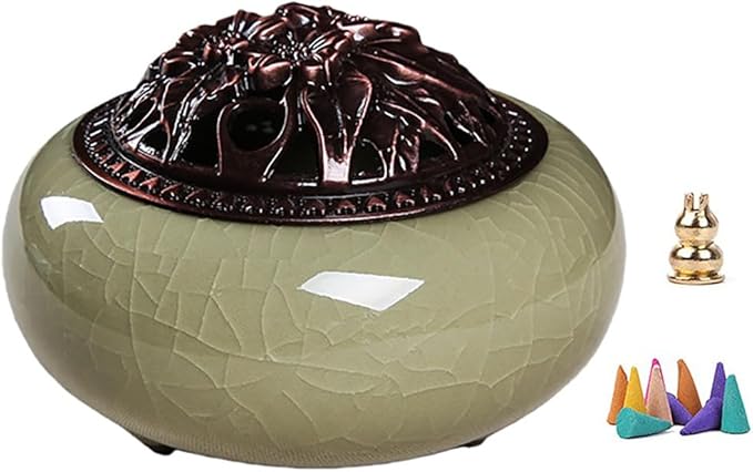Ceramic Incense Burner Set with Brass Gourd Holder, Smudging Bowl for Incense Sticks, Cones, Sage, Frankincense & Palo Santo, Portable Ash Catcher for Home, Meditation, Yoga and Gift Giving (06)