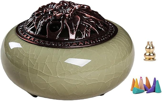 Ceramic Incense Burner Set with Brass Gourd Holder, Smudging Bowl for Incense Sticks, Cones, Sage, Frankincense & Palo Santo, Portable Ash Catcher for Home, Meditation, Yoga and Gift Giving (06)