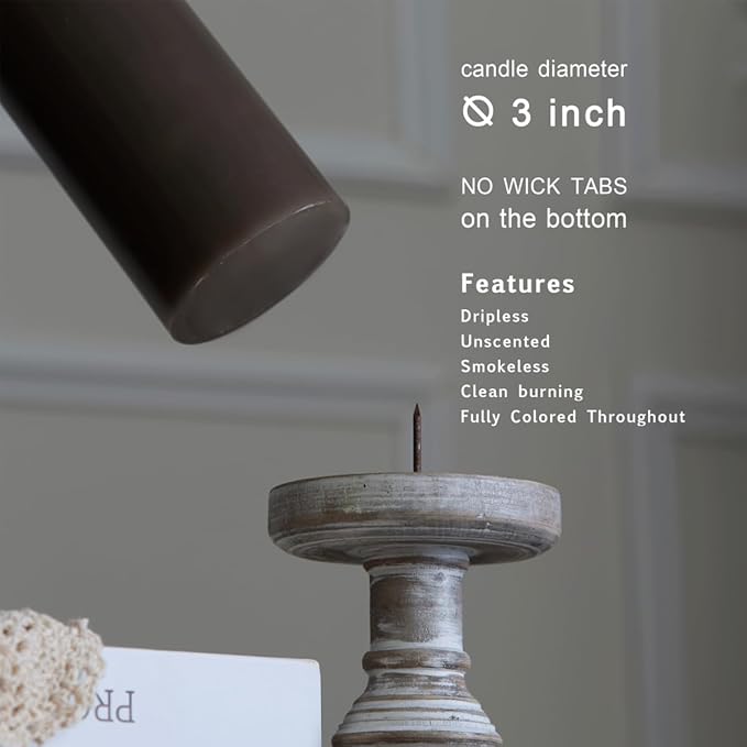 MOZEAL 3" x 6" Hand-Poured Unscented Candle, Dripless Pillar Candle Set of 3, Long Lasting Burning,Approx 120 Hours Burn Time, Rustic Country Style, for Winter Solstice, Sophisticated Charm,Taupe Gray