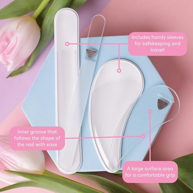 Bona Fide Beauty Ergo Czech Glass Nail File Set - Ergo File Manicure Tools (Clear). Curved Nail Tool for Natural Nails