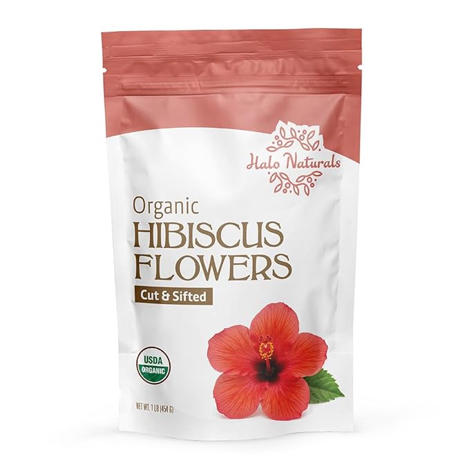 Halo Naturals Organic Hibiscus Flowers Cut & Sifted, 1 Pound (Hibiscus sabdariffa) USDA Certified | Resealable Pouch| Packaged in The USA