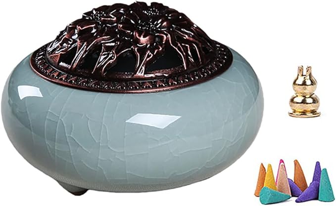 Ceramic Incense Burner Set with Brass Gourd Holder, Smudging Bowl for Incense Sticks, Cones, Sage, Frankincense & Palo Santo, Portable Ash Catcher for Home, Meditation, Yoga and Gift Giving (07)