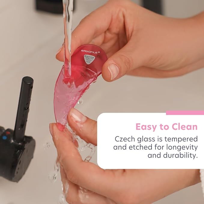 Glass Nail File Set by Bona Fide Beauty - Ergo File - Premium Nail Care Tools Genuine Czech Glass (Pink)