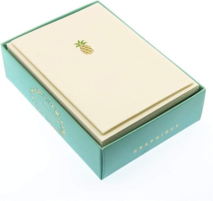 Graphique Pineapple La Petite Presse Boxed Notecards - 10 Embellished Gold Foil Pineapple Blank Cards with Matching Envelopes, 3.25" x 4.75"