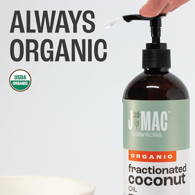 J Mac Botanicals, Organic Fractionated Coconut Oil (16 oz. with a Pump) Carrier Oil for diluting Essential Oils, Leave in Conditioner for Dry Damaged Hair, Skin, Massage