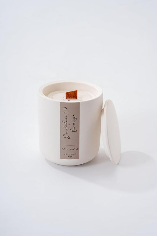 Candles for Home Scented – 10oz Hand Poured Aromatherapy Sandalwood and Orange Candle Soy Wax Candles in Elegant Ceramic Jar – Crackling Wooden Wick Decorative Candle with 60 Hours Burn Time