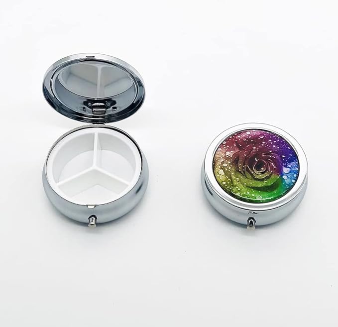 Colorful Rose with Water Drop Pill Box Purse Pocket Small Round Silver Pill Case Decorative Box Metal Medicine Vitamin Pill Organizer Portable Unique Gift