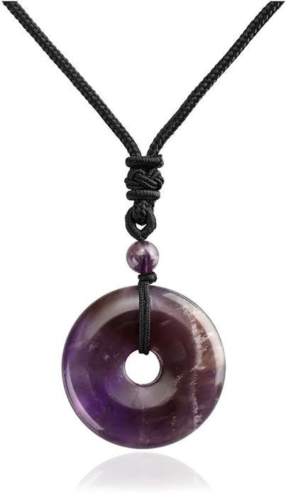 Jovivi 30mm Circle Donut Healing Crystals Necklace Natural Semi-Precious Chakra Gemstone Stone Amulet Lucky Coin Donuts Charm Protection Quartz Reiki Pendant Necklace for Men Women Adjustable Rope