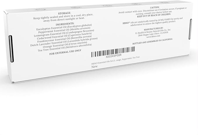 HBNO Essential Oils Set (10ml) - Top 8 Essential Oils. Ideal for Aromatherapy, Soap Making, and More - Cedarwood, Eucalyptus, Frankincense, Lemongrass, Lavender, Orange, Peppermint, Tea Tree