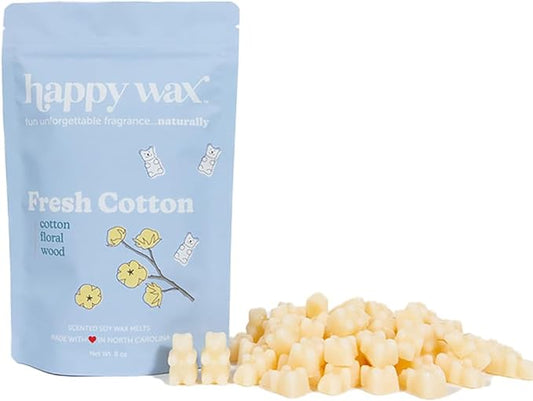 Happy Wax Fresh Cotton Scented Bear Wax Melts - Natural Strong Scented Fresh Wax Melts Infused w/Essential Oils - Non Toxic Wax Melt & Pet Safe Wax Melts - (8 oz Pouch)