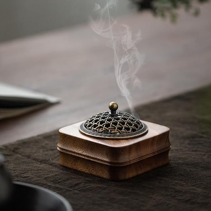 Bamboo Node Walnut Wood Incense Burner Holder - 4" Handcrafted Square Censer with Alloy Lid for Sticks/Cones/Yoga & Meditation (Natural Wood, Zen Home Décor)