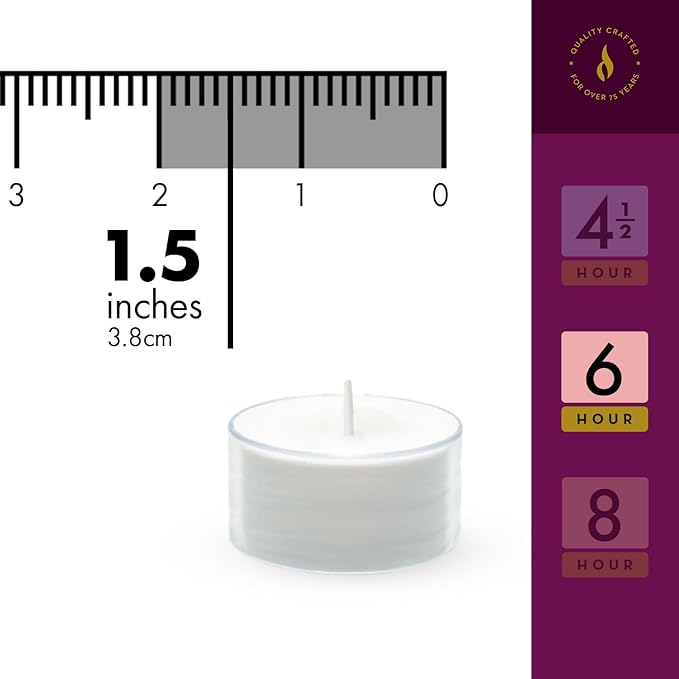 Lerner Tealight Candles in Clear Cups, 100 Count| 6 Hours Long-Burning White Tea Light Candles| Non-Toxic, Smokeless & Soot-Free Tea Light Warmer Candles | Unscented Party, Décor, Shabbat Tea Candles