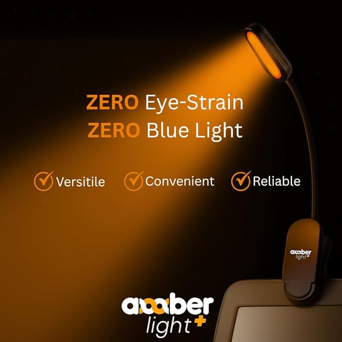 Amber Light + Giftable Amber Book Light - Blue Light Blocking - Night Reading Booklight Store. Rechargeable. 1600K for Reading in Bed at Night. Perfect as a Giftable Kindle Light and LED Book Light.