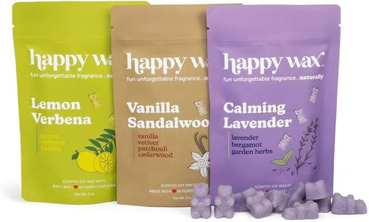 Happy Wax Fan Favorites Collection Scented Natural Soy Wax Melts – 6 Total Oz. of Scented Wax Melts, Collection Includes Lemon Verbena, Calming Lavender, and Vanilla Sandalwood