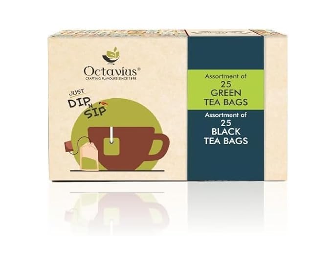 Octavius Tea Bags Variety Pack | 6 Flavors of Black Tea & Green Tea | Herbal Tea Sampler Box | Tea Gift Set | Assorted 50 Teabags | Pack of 1