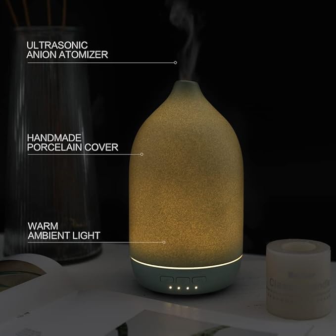 Essential Oil Diffusers, Aromatherapy Diffuser for Essential Oils, 100ml Ceramic Oil Diffusers for Large Room - 5 Timers, Warm Ambient Light, Auto-Off