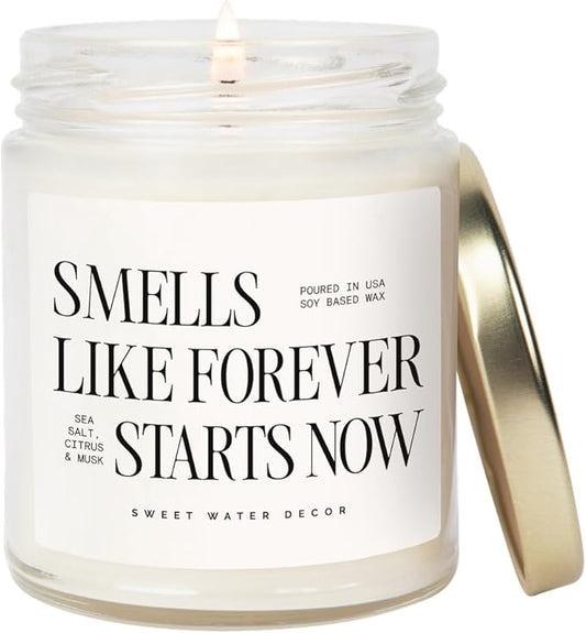 Sweet Water Decor Smells Like Forever Starts Now Candle, Wedding Candle, 9oz Jar with Gold Lid, Sea Salt Citrus Musk Amber Scent, Non-Toxic Soy Wax, Engagement Gift for Bride, Bridal Shower, Newlyweds