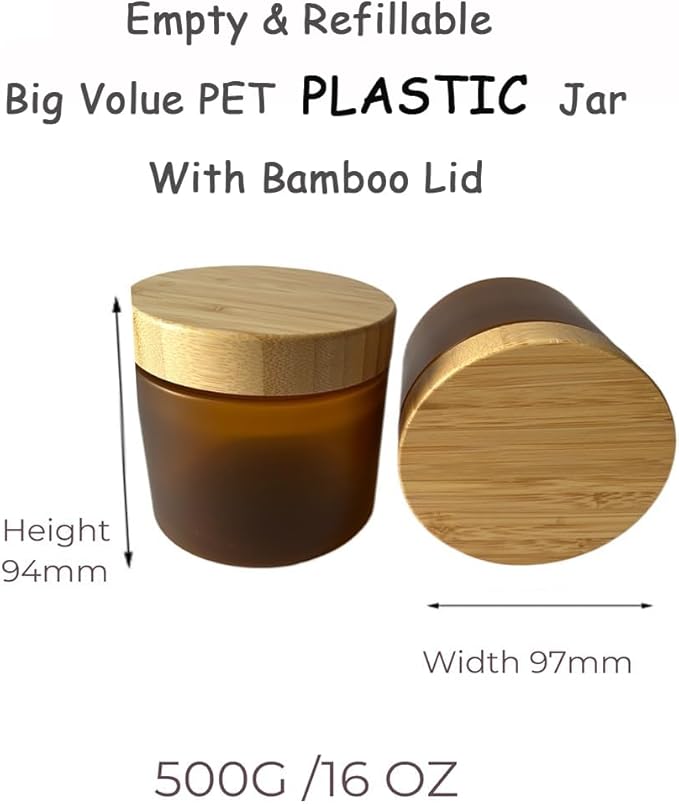 Empty Bamboo Lid Jar 16oz/500g,Refilable Plastic Round Cosmetic Containers for Powder,Body Butter,Cream,Lotion,Wide Mouth Makeup Sample Storage Pot Dispenser(Brown Color)
