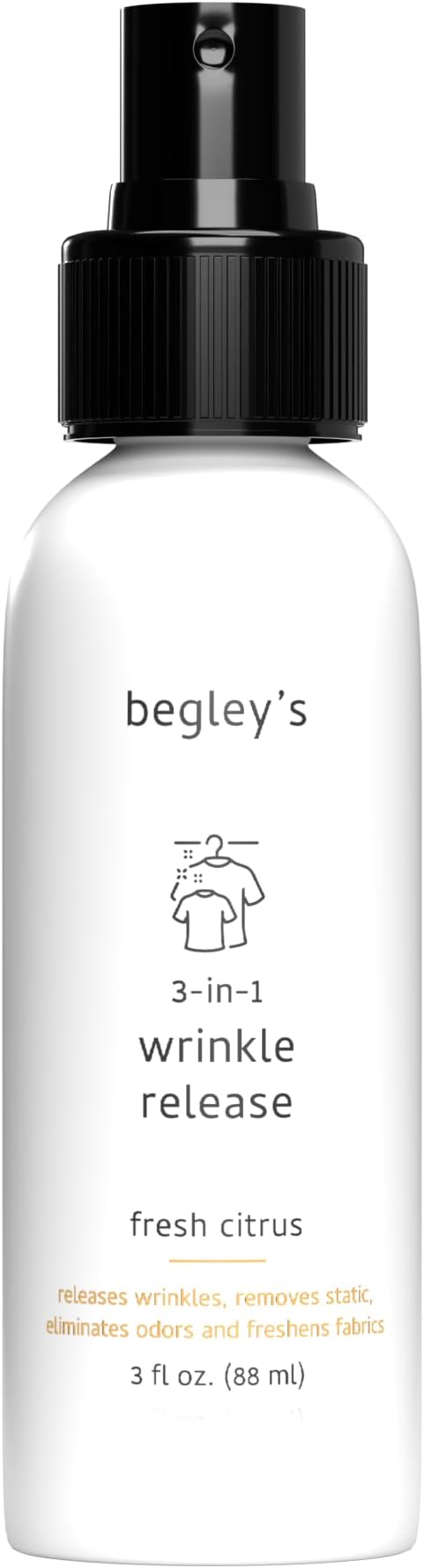 Begley's 3-in-1 Wrinkle Remover, Quick Fix Wrinkle Release, Static Cling Remover, Odor Eliminator and Fabric Refresher Spray - USDA Certified Biobased - Citrus, 3 oz Travel Size
