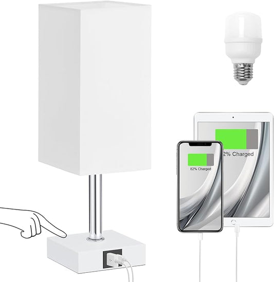 Ambimall Touch Control Table Lamp with USB A+C Charging Ports - 3 Way Touch Lamps Bedside, Nightstand Lamp for Bedrooms Living Room Nursery, LED Bulb Included(White Shade)