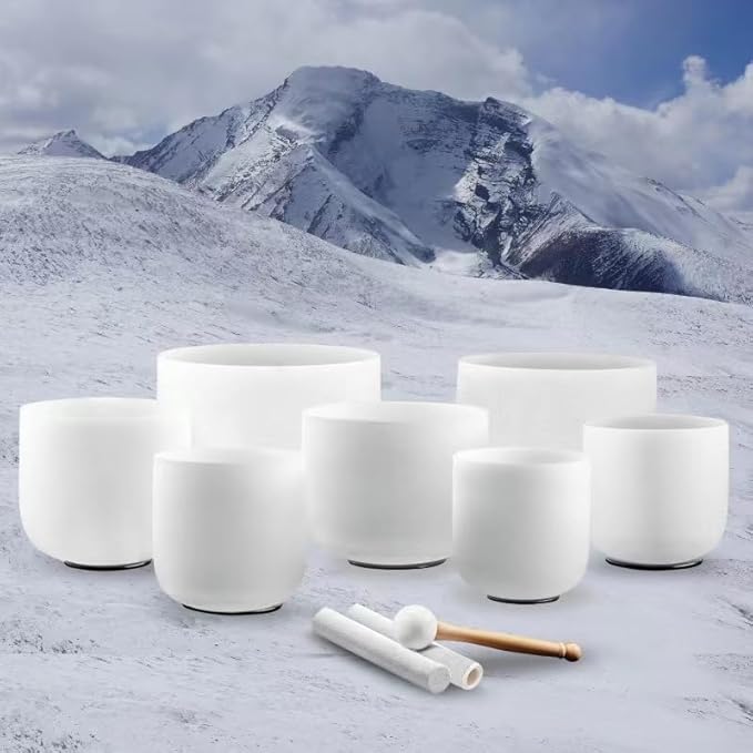 KRESEC 440Hz 6-12 Inch Crystal Singing Bowls Set of 7 – Chakra Tuned Quartz Sound Bowls for Meditation, Yoga, Reiki & Healing with Padded Cases, Suede Mallets & Silicone O-Rings