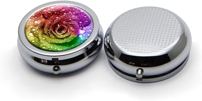 Colorful Rose with Water Drop Pill Box Purse Pocket Small Round Silver Pill Case Decorative Box Metal Medicine Vitamin Pill Organizer Portable Unique Gift