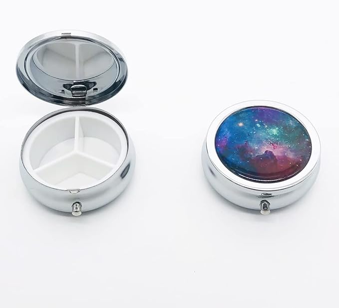 Generoc Galaxy Space Universe Pill Box Purse Pocket Small Round Silver Pill Case Decorative Box Metal Medicine Vitamin Pill Organizer Portable Unique Gift