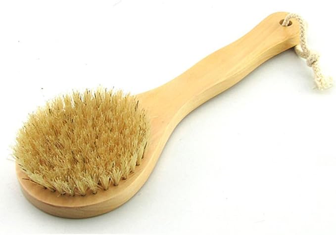 9.84 Inch Dry Body Brush Back Scrubber, Wooden Short Handle Natural Bristles Bath & Shower Brush.