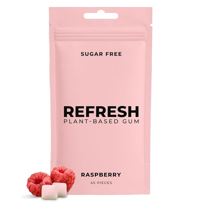 Refresh Gum Raspberry – Xylitol, Sugar Free Chewing Gum Pouch, Natural Flavor & Organic Ingredients – Aspartame Free, Plant-Based, Non-GMO – 45 Pieces