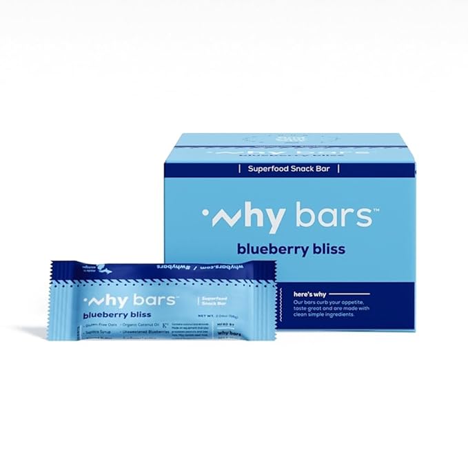Why Bars, Protein Bars, Blueberry Bliss, 2.04 Ounce Bars (Pack of 12 Protein Bars) - Protein Bar Superfood, Gluten Free, Non GMO, Organic, Vegan, Simple Ingredients