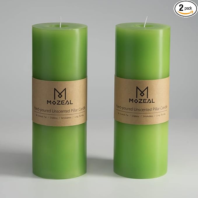 MOZEAL 3" x 8" Hand-Poured Unscented Large Candle,Smokeless Rustic Pillar Candle Set of 2,Slow Burn,No Drip,Approx 150 Hours Burning,Wedding,Dinner,Christmas and Home Decorative,Tall Green Candle