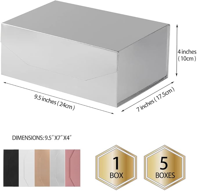 5Pcs 9.5x7x4 Inches Silver Gift Box with Lids for Presents Magnetic Gift Box Small Gift Boxes for Packaging，Bridesmaid Proposal，Groomsman (Glossy Silver)