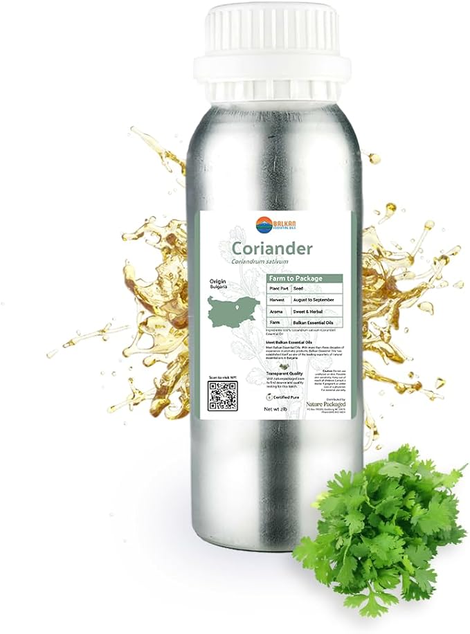 Coriander Essential Oil - Direct from Bulgarian Balkan Mountains - Steam Distilled - Aceite Cilantro for Aromatherapy, Massage, Diffuser, DIY Candle and Soap Making - 2lbs