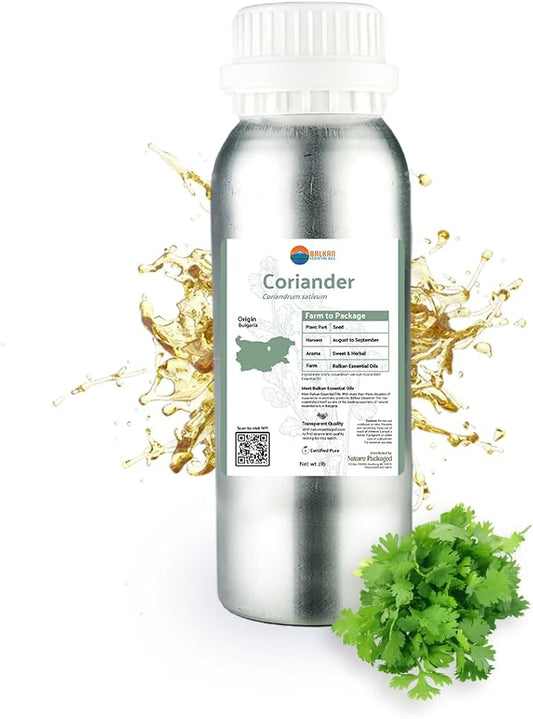Coriander Essential Oil - Direct from Bulgarian Balkan Mountains - Steam Distilled - Aceite Cilantro for Aromatherapy, Massage, Diffuser, DIY Candle and Soap Making - 2lbs