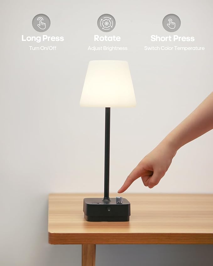 Cordless Table Lamp with Charging Base, Rechargeable 6000mAh Battery Operated Lamp, 3 Color Dimmable Smart Portable Table Light for Restaurant, Bedroom, Home, Kitchen Counter (White lampshade)