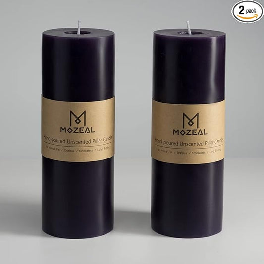 MOZEAL 3" x 8" Hand-Poured Unscented Large Candle,Smokeless Rustic Pillar Candle Set of 2,No Drip,Approx 150 Hours Burning,Wedding,Dinner,Christmas and Home Decorative,Tall Dark Purple Candle